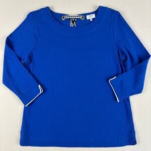 Crown & Ivy Petite Medium Royal Blue White Trim Gingham Bow Back 3/4 Sleeve Top